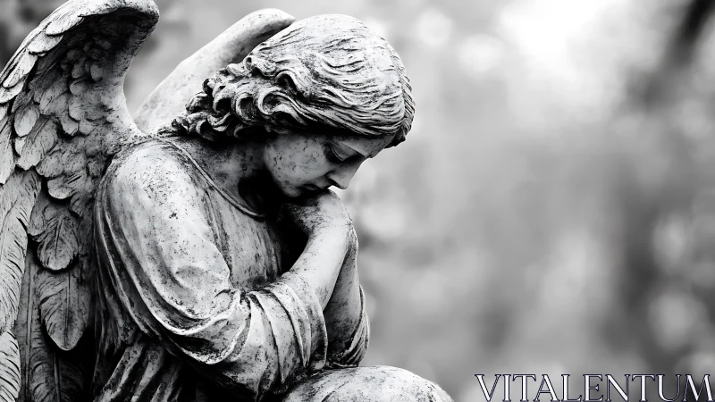 Winged stone guardian pauses in a quiet grayscale prayer