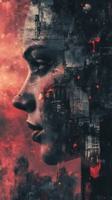 Profiled human face fused with dystopian cityscape textures