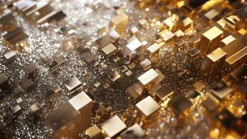 Golden metallic cubes form dense reflective geometric grid