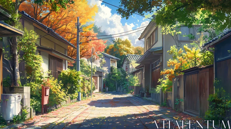 Sunlit Japanese alleyway rendered in detailed digital painting