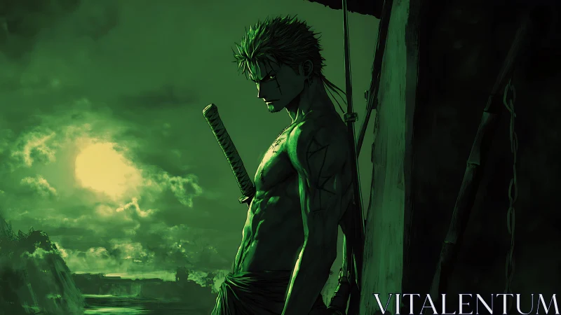 Moonlit swordsman broods in toxic green seaside gloom.