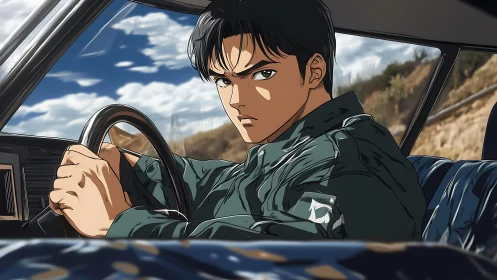 Male driver in car interior with rural roadside view.