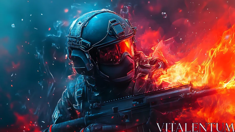 Armored cyber soldier emerging through blue and firestorm haze.