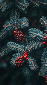 Cozy winter pine branches kissed with cones and berries.