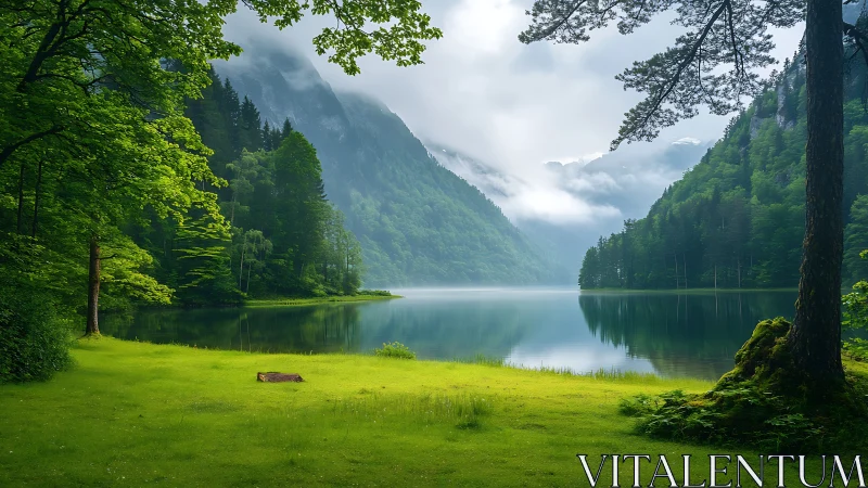 Misty mountain lake mirrors lush green forest shoreline.