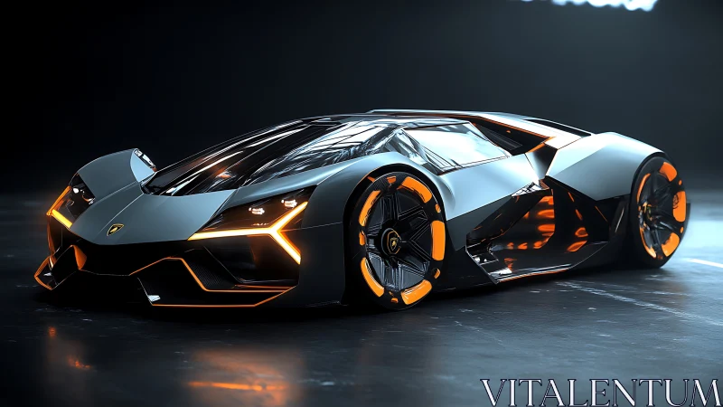 Futuristic hypercar concept with neon orange aerodynamic lighting.