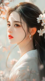Springlit gaze of a blossom maiden in soft ethereal bloom.