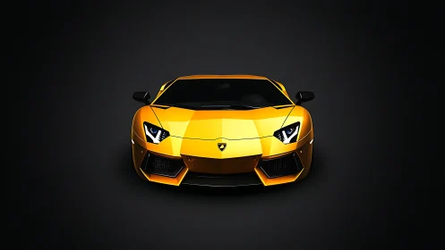 Golden supercar front view under dramatic studio lighting.