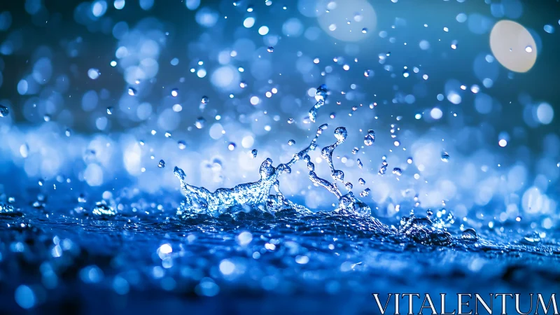 Macro water splash with glowing blue bokeh highlights.