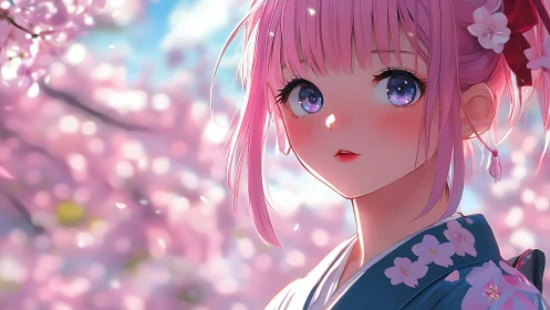 Sakura-kissed anime girl under a dreamy bloom-swept sky.