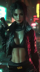 Cyberpunk woman with handgun in neon lit urban alleyway.