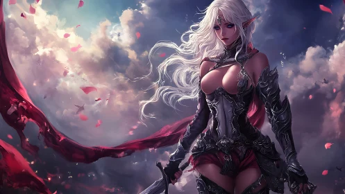 Armored elf warrior stands before turbulent clouded sky