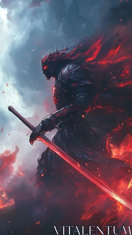 Flaming dark knight with infernal sword amid stormfire sky.