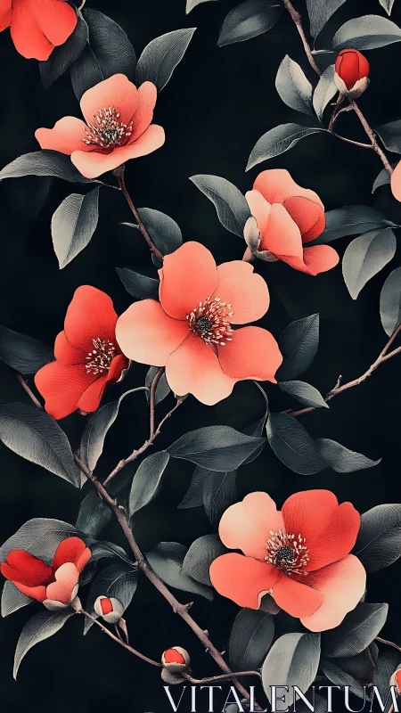 Coral Flowers with Dark Foliage on Branches.