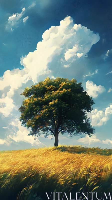 Solitary deciduous tree on sunlit wheat field under cumulus sky