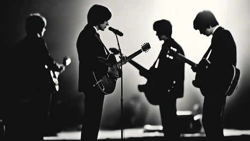 Silhouetted rock band performs under dramatic stage lights.
