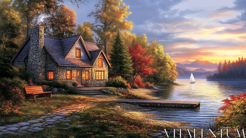 Lakeside stone cottage glows while a lone sailboat drifts home