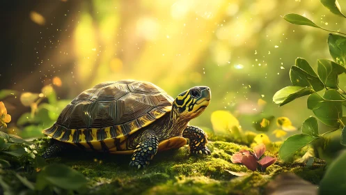 Turtle on moss in sunlit forest with warm bokeh glow.