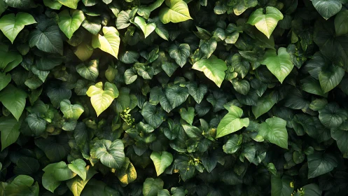Photorealistic foliage wall with layered tropical leaf canopy.
