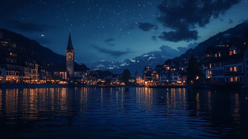 Midnight lakeside village glows beneath starlit alpine skies.