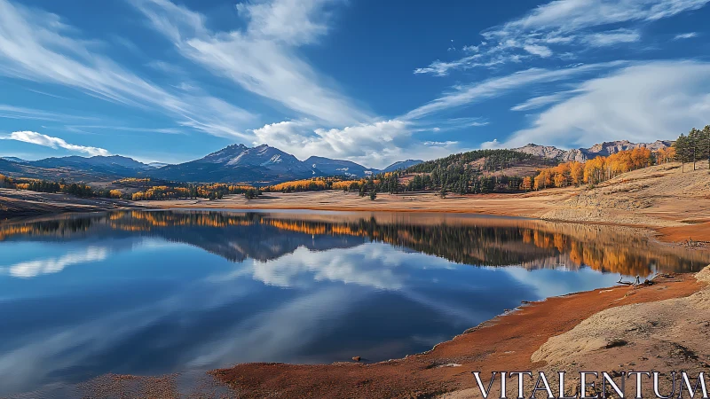 Mountain lake reflects golden autumn forest beneath blue sky