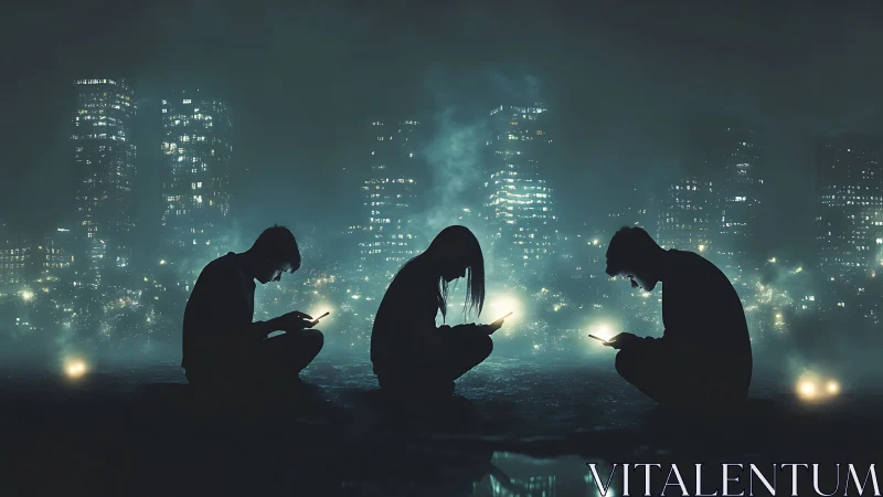 Silhouetted youths glow under phones in foggy neon city