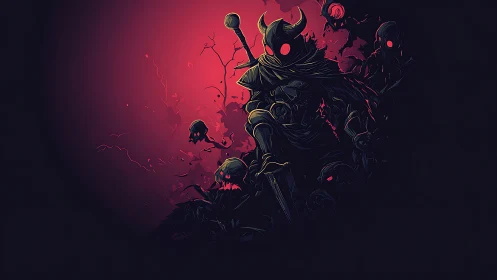 Horned void knight rises amid crimson whispering shadows.