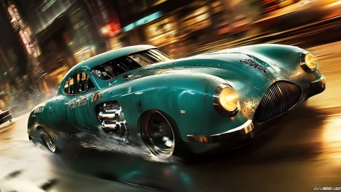 Streamlined teal retro car on wet urban street at night.