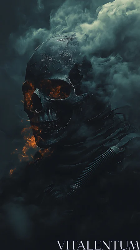 Digital painting of flaming skull in toxic vapor shroud.