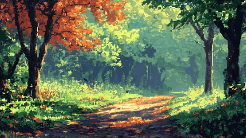 Pixel Art Forest Path with Autumn Foliage.