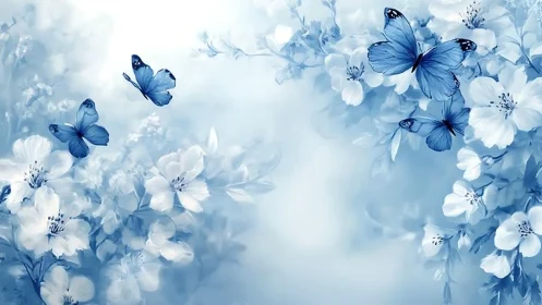 Soft blue butterflies drift gently over luminous spring blooms