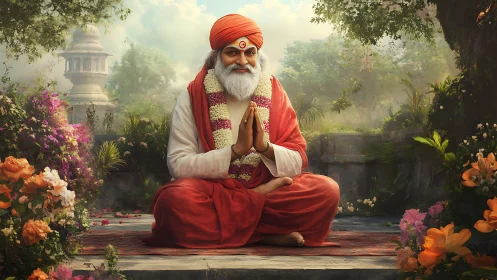 Serene spiritual guru meditates in a lush flower garden