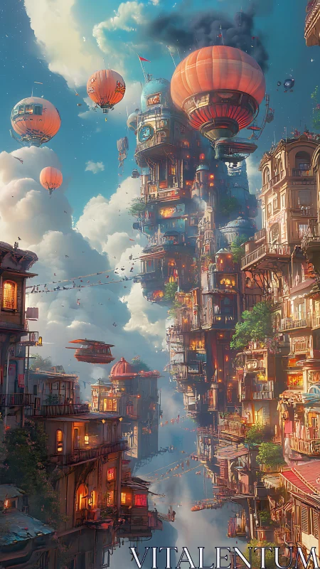 Vertical steampunk sky city with airships and towers.