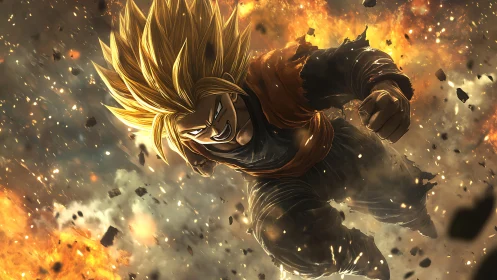 Explosive golden‑haired warrior in dynamic aerial combat charge
