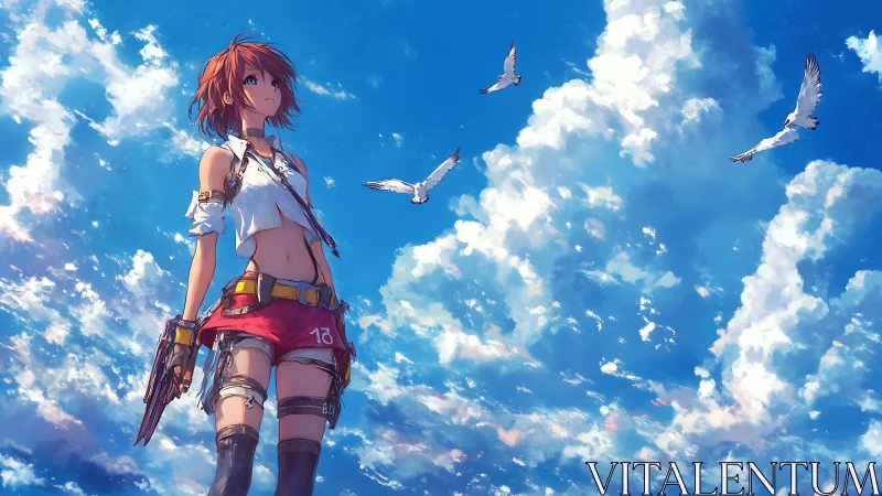 Wind-swept anime heroine stands beneath expansive cumulus sky