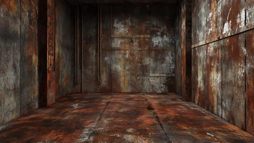 Heavily corroded industrial steel chamber with aging patina