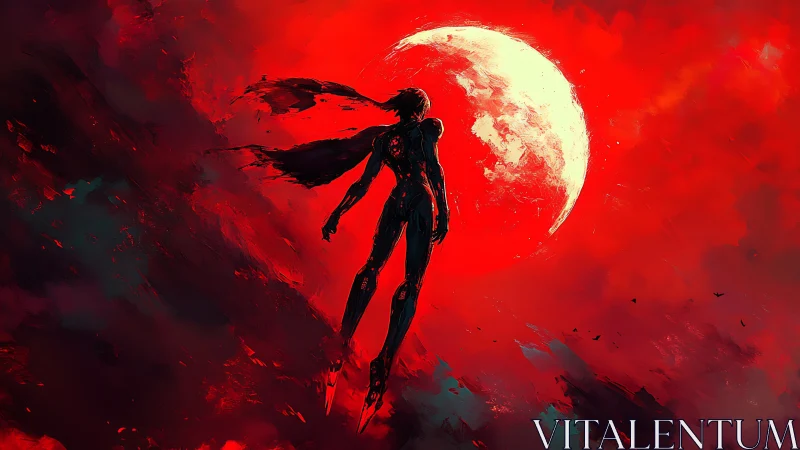 Lone armored silhouette ascends before a blazing red moon.