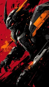 Armored mech creature advances across abstract red field