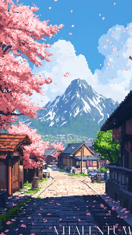 Pixel art spring village street under snow-capped mountain sky