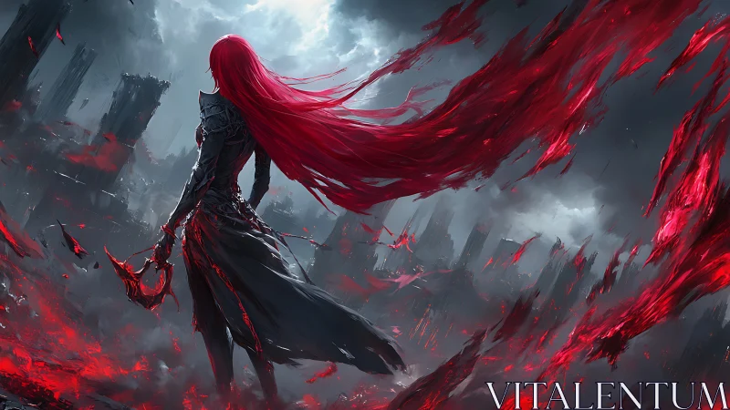 Red‑haired warrior in ruined city with swirling crimson energy.
