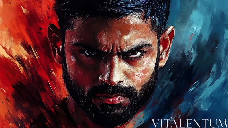 Intense male portrait with red and blue split background.