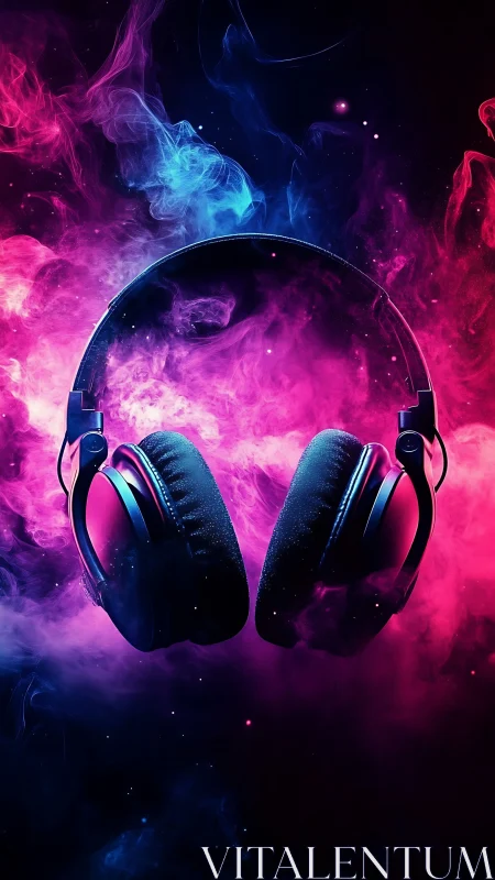 Glowing studio headphones hang within vibrant neon smoke