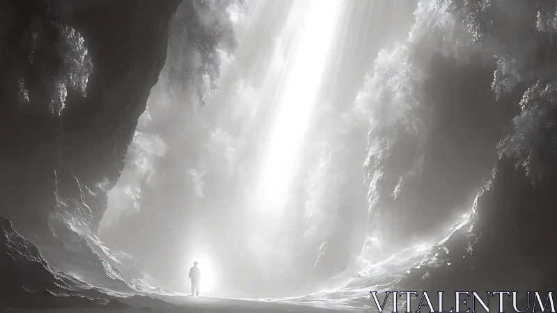 Solitary explorer walks toward a radiant beam of otherworldly light