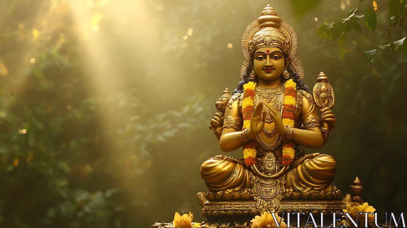 Golden Hindu deity statue under warm forest sunlight.