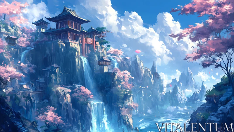 Mountain temple complex with waterfalls and pink blossoms.