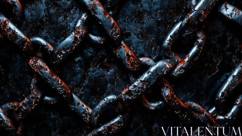 Heavy rusted chains intertwine against a dark metal surface