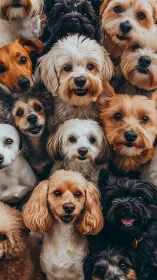 Multi-breed canine portrait array with shallow depth precision.