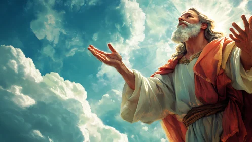 Older robed man raises open arms beneath bright cloudy sky