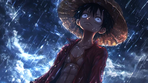 Straw hat anime boy standing in heavy rain at night sky.