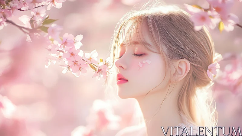 Young woman among soft pink cherry blossoms in spring.